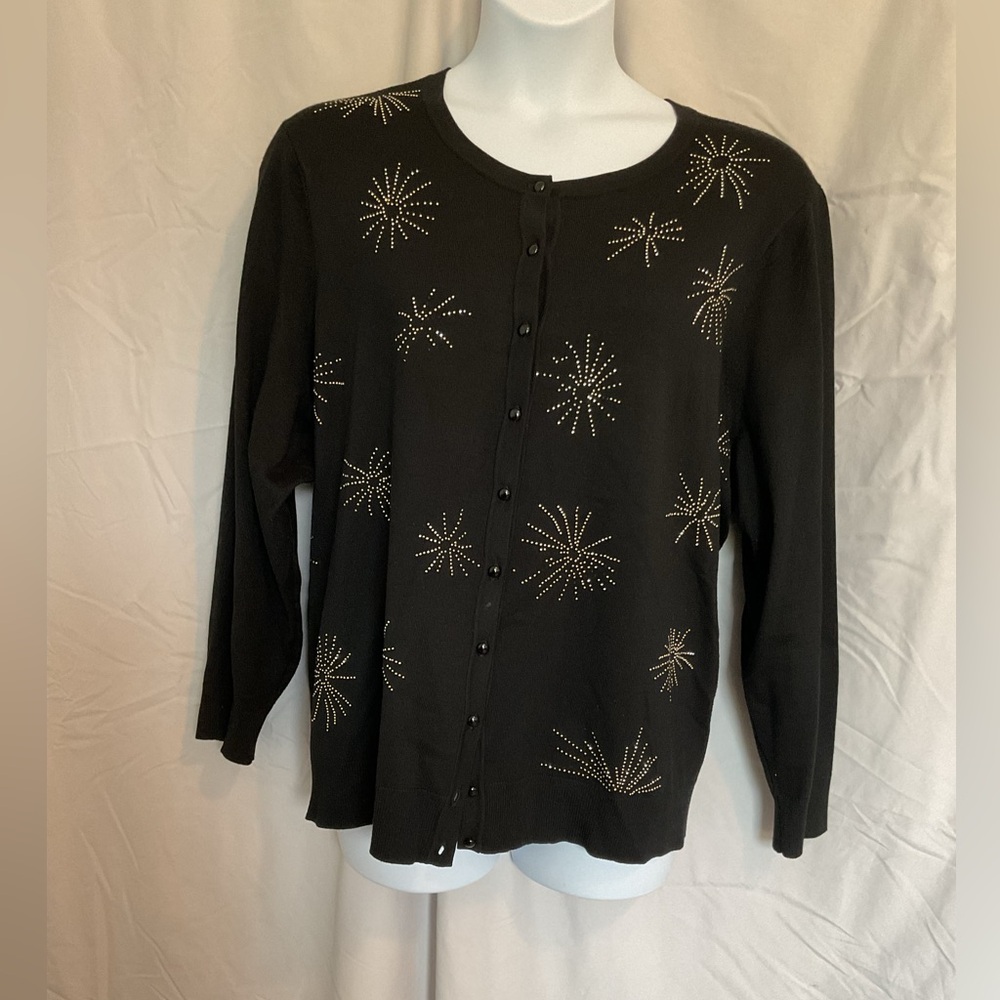 Avenue Cardigan Sweater with jeweled designs on front.  Black.  Size 26/28.